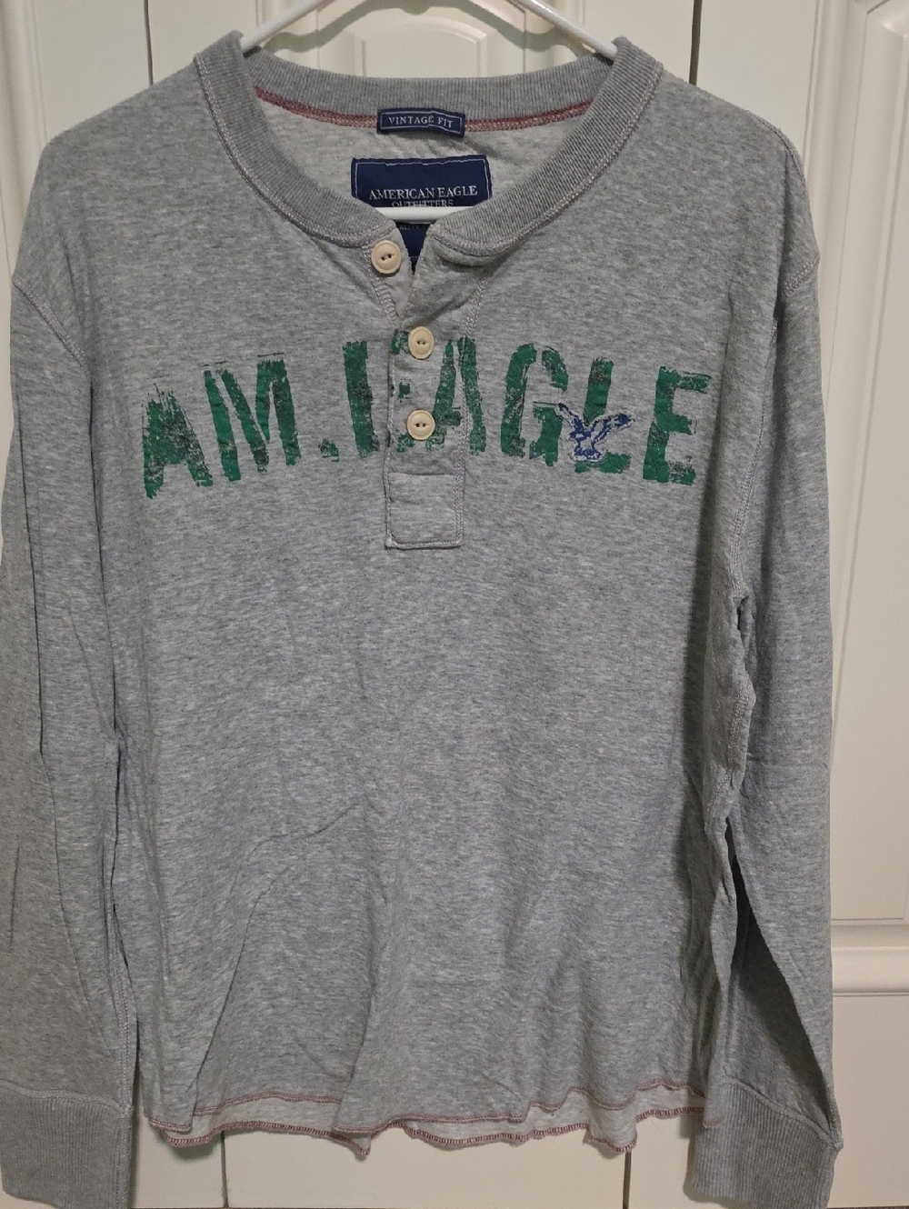 American Eagle Outfitters Gray Long-Sleeve Henley with Green Logo